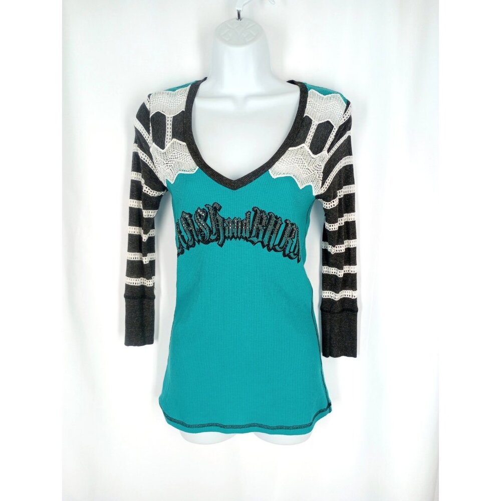 Y2k Crash & Burn Thermal Waffle Knit Top S Vneck Lace Sequins Rhinestones 3/4